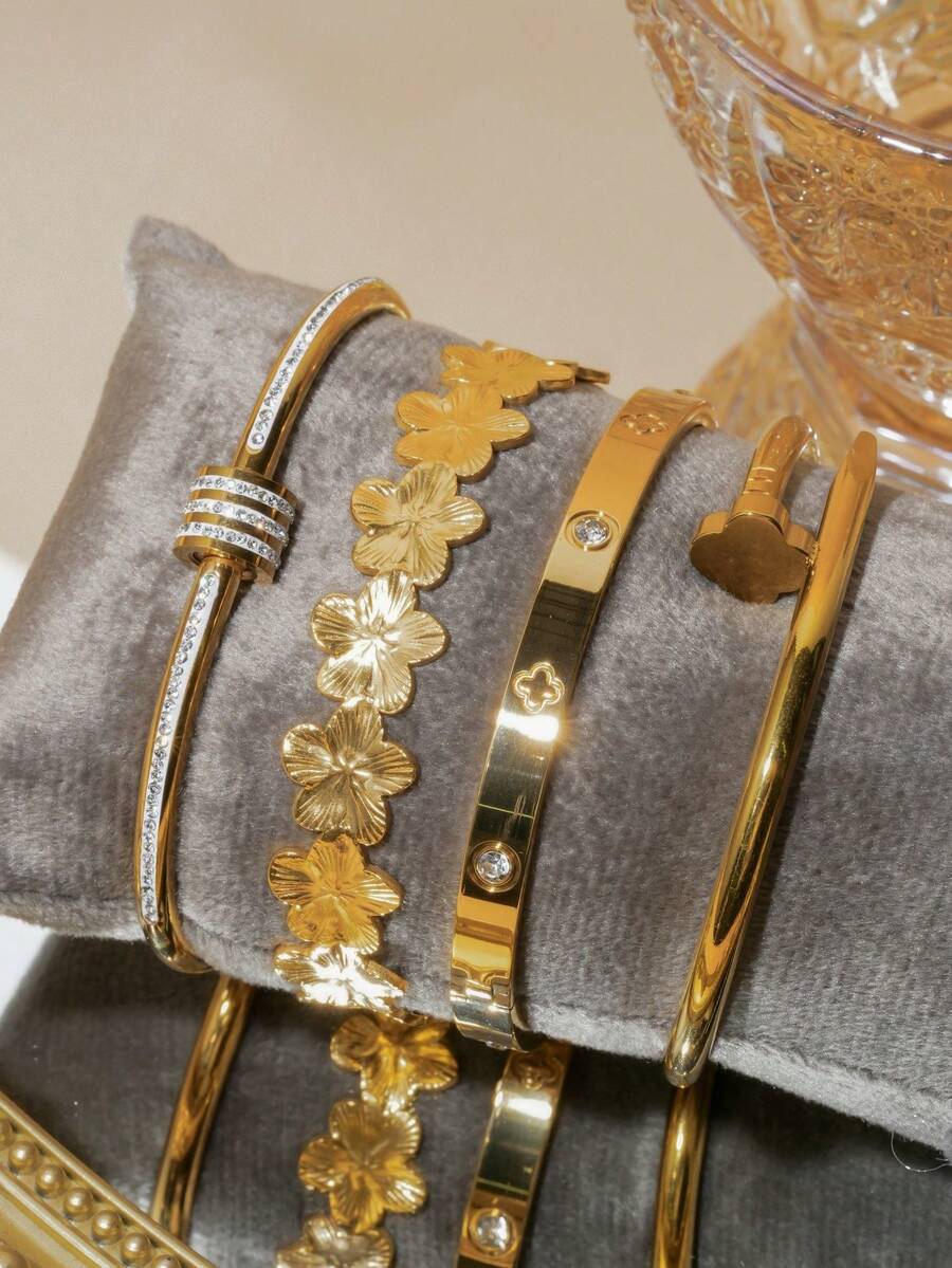 4pcs/Set Stainless Steel Minimalist Elegant Luxury Zirconia Bright Four-Leaf Flower Bracelet, High-End Titanium Steel Nail Bracelet For Women, Mother's Day Gift, Gift For Girlfriend - Gold 1 - View 1