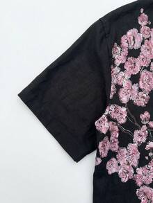 FRACTYR 男士夏季休闲街头樱花印花短袖衬衫，双面可穿，宽松版型，新中国风，透气亲肤休闲衬衫 - 黑色 - 查看 8