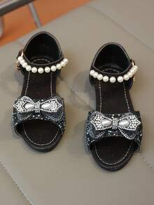 2026 Nuevas sandalias de malla con rhinestones para niñas, decoradas con lazo de perlas, suela gruesa y suave, punta abierta, estilo princesa, adecuadas para uso diario y disfraces de actuación - Negro - Ver 4