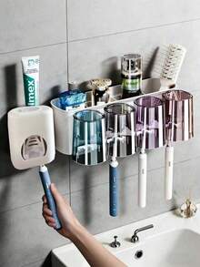 1pc Automatic Toothpaste Dispenser With Toothbrush Holder, Wall-Mounted Toothbrush Storage Rack With Rinse Cup, Space-Saving Bathroom Organizer For Toothbrush And Cup, Home Bathroom Decor, Autumn, Back To School - White - View 3