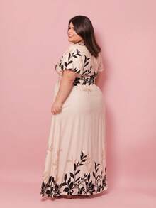 Women's Long Printed Dress With Hem, Viscose Linen Twill, Short Sleeves, Front Gathering, Elastic Back, Elegant - 錦緞條紋 - 查看 4