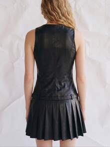 优雅黑色奢华夏季派对连衣裙，婚礼宾客毕业典礼礼服，性感PU皮革无袖褶皱迷你连衣裙，休闲度假海滩Y2K社交连衣裙，母亲节春季装扮 - 黑色 - 查看 3