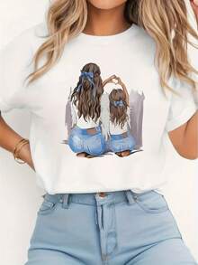 Women's Mother-Daughter Holding Hands Love Pattern T-Shirt - White Short-Sleeve Round-Neck Top, Featuring A Blue Bow And Cartoon Mother-Daughter Silhouette, Medium Stretch Comfortable Fit, Machine Washable Casual Everyday Shirt, Suitable For Mothers And Daughters,Mens Tshirts,Men Clothes,Mens Clothing,Tops,Summer,T Shirt,Streetwear,Resident Evil,Disney,F1,White T Shirt,Graphic T Shirt,Romwe,Y2k,Goth,Toy Story,Pokemon,Summer Tops,St Patricks Day Tops,Men's Holiday Clothes,Football Jersey,Lightening Mcqueen,Heated Rivalry,Kpopdemonhunters,Band T Shirts,Ghostface,Twilight,Y2k Tops,Christian Clothing,Goth Clothing,Leavers Shirt 2026,Pink,Dinosaur,Arsenal,Cars,Scream,Cotton T Shirt Men GG7P - White - View 8