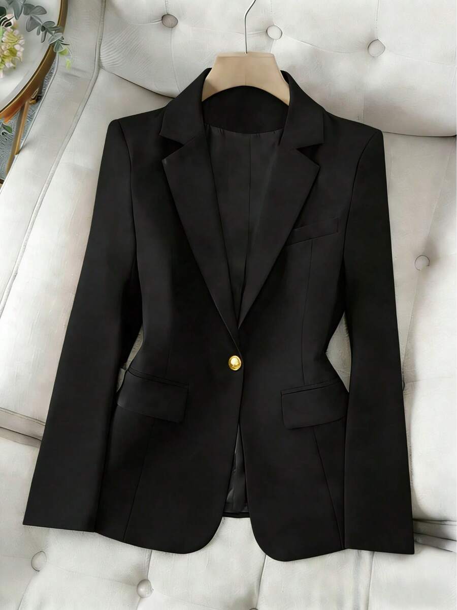 Tailored Blazer With Lining, Functional Side Pocket, Elegant Gold Button, And Faux Chest Pocket | Autumn/Winter - 黑色 - 查看 1