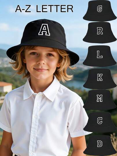 1 Piece Kids Black Bucket Hat With Letter A-Z Patch, Sun Protection Adjustable Bucket Hat For Spring & Summer, Hiking Camping Beach Streetwear, Perfect For Family Trips Fits Ages 3-16Y