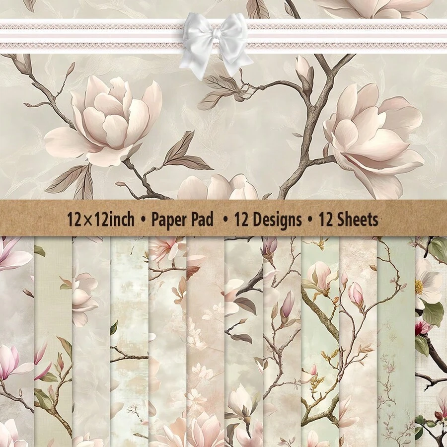 12x12 Inch Scrapbook Paper Pad 12 Sheets 12 Vintage Floral Designs Craft Paper For Scrapbooking Card Making Journaling Decoration Art Projects With Peony Rose Patterns Scrapbook Supplies For Craft Enthusiasts Beginners And Professionals - I - View 1
