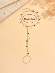 1pc Asymmetrical Green Rhinestone Heart Tassel Decor Adjustable Finger Chain, Vintage Versatile Gold Tone Hand Jewelry Suitable For Daily Wear And Parties/Festivals. Handmade Chain Length Customized Randomly - Multicolor - View 4