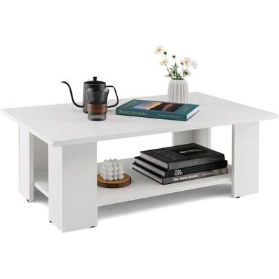 2-Tier Coffee Table, Modern Rectangular Center Cocktail Table With 5 Support Legs, Wooden Accent Living Room Furniture, Small Coffee Table For Small Spaces, Easy Assembly (White)