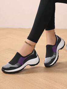 Giày thể thao nữ dệt kim nhiều màu sắc, kiểu dáng slip-on, đệm khí, giảm sốc, thoáng khí, thoải mái, nhẹ, đa năng, thích hợp đi bộ, chạy bộ ngoài trời. - Màu tím - Xem 3