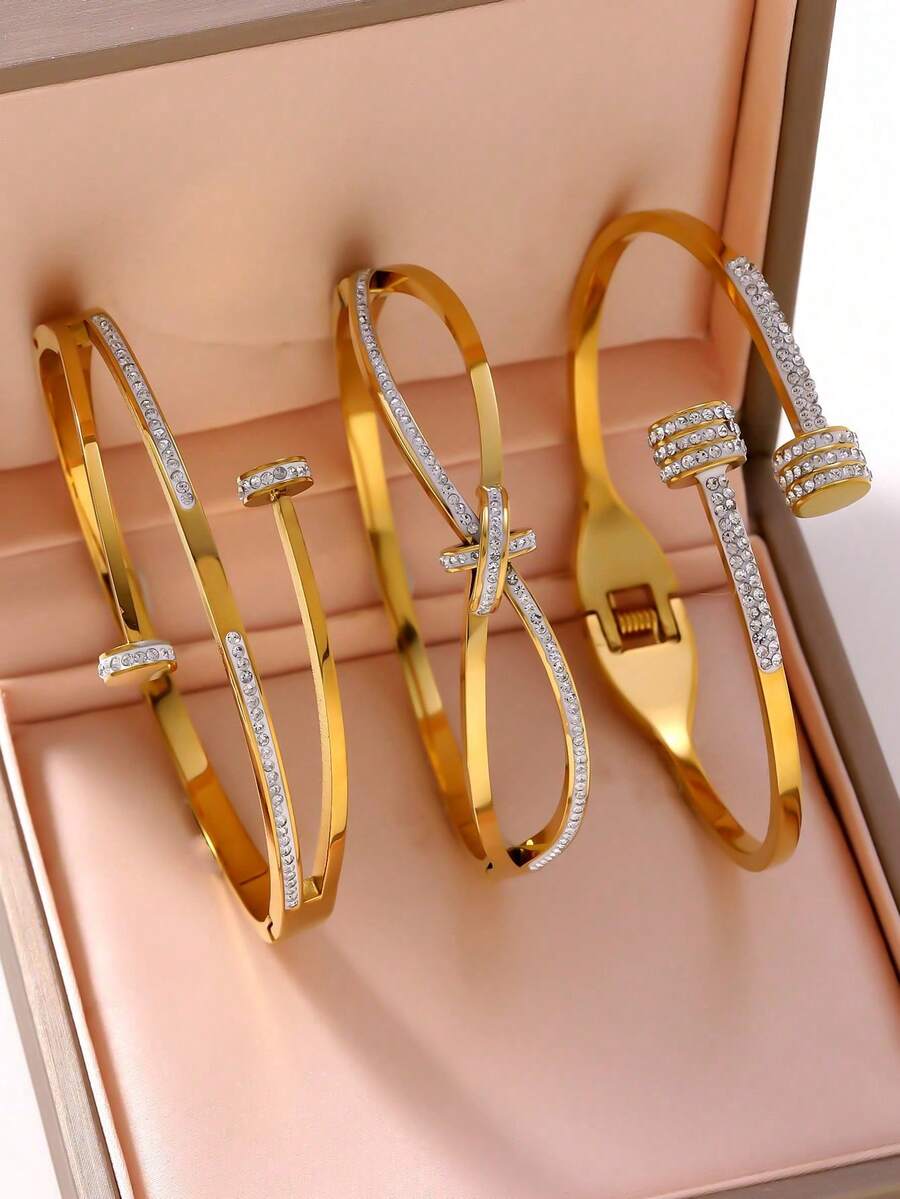 Bộ 3 vòng tay cao cấp bằng thép không gỉ mạ vàng đính đá Zirconia dành cho nữ, thích hợp để đeo hàng ngày, làm quà tặng Ngày Valentine, sinh nhật, Ngày của Mẹ. - Vàng - Xem 1
