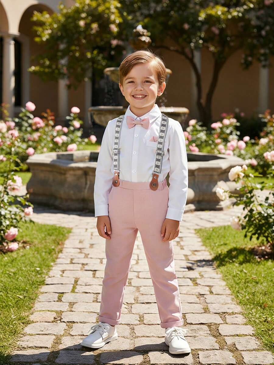 BOARNSEORL 两件套男童绅士套装 - 长袖衬衫配蝴蝶结和粉色背带裤，时尚休闲套装，适合派对、婚礼、周年庆典等场合。 - 粉色 - 查看 1