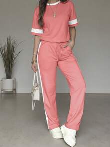 2pcs/Set Women's Casual Colorblock Round Neck Short Sleeve Top And High Waist Drawstring Straight Leg Pants, Spring/Summer Pink - Pink - View 2