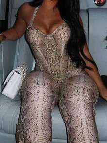 Women's Backless Two-Piece Set With Thin Straps And Snake Print, Sexy Party Style, Medium Stretch Fabric, Casual Elegant Party Wear, Summer Style. - Họa tiết da rắn - Xem 4
