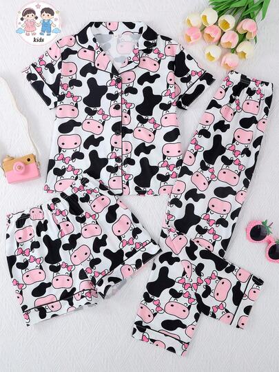 Conjunto de 3 piezas de pijama informal para niñas con estampado de vaca de dibujos animados, incluye cardigan de cuello polo de manga corta, shorts y pantalones, retardante de llamas, para todas las estaciones