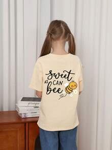 女童休闲趣味印花圆领短袖T恤，夏季上衣 - 杏色 - 查看 2