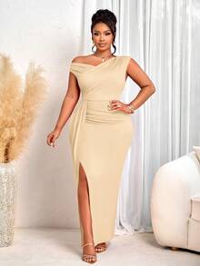 BIUBIU 大码女士优雅性感修身长裙 - 米色不对称领口褶皱高开衩设计，适合婚礼宾客、派对、宴会等夏季场合 - 杏色 - 查看 3