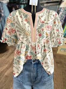 Vintage Puff Bell Sleeve Blouse - Short Regular Length Non-Stretch Top, Casual Elegant Year-Round Wear, Easy Care For Dressesers/Wardrobe, Timeless Retro For To Semi-Formal Events - [多色的] - 查看 1