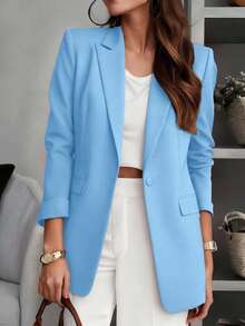 Women's Solid Color Notched Collar Blazer Jacket, Button Front Pocket Design, Long Sleeve Office Wear, Versatile For Business And Casual, Suitable For Autumn, Winter And Spring - Blue - View 2