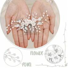 1pc Women's Elegant Handmade Alloy Leaf & Ceramic Flower Faux Pearl Hair Comb, Bridal Wedding Party Accessory - Silver - View 3