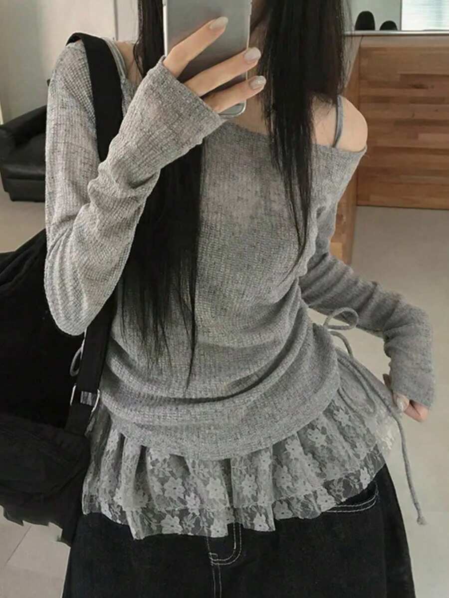 Áo thun dài tay hở vai phối ren ngọt ngào, áo tank top dây rút ôm dáng độc đáo mùa hè, bộ 2 món phong cách thường ngày mùa xuân. - Xám - Xem 1