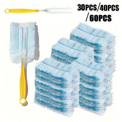 30个/40个/60个一次性静电除尘掸清洁工具羽毛掸，适用于家庭和汽车清洁，家用除尘刷替换头，可用于衣物、家具、汽车、键盘等清洁（带手柄） - 清洁用品、清洁配件、清洁工具