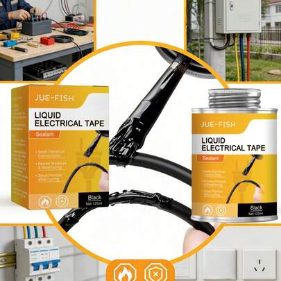 JUE FISH 黑色绝缘胶带，防水耐热液态绝缘阻燃电工胶带。它防水防潮，粘性强，易于使用，可用于任何类型的电线或芯片，适用于室内和室外环境。