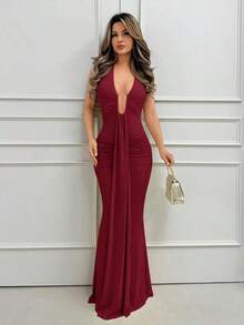 Elegant Yellow Cream Sexy Deep V-Neck Dress Women, Spring/Summer,Fall,Wedding Guest Dress Formal Dresses Wedding Guest - 酒紅色 - 查看 5