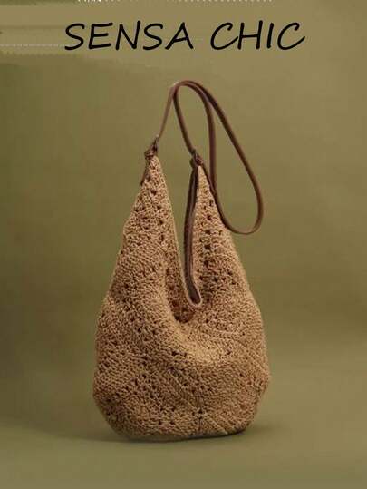 A Khaki Quilted Straw Bag With A Diamond Pattern, An Open-Top Crossbody Or Shoulder Bag, Perfect For Beach Vacations And Trips.