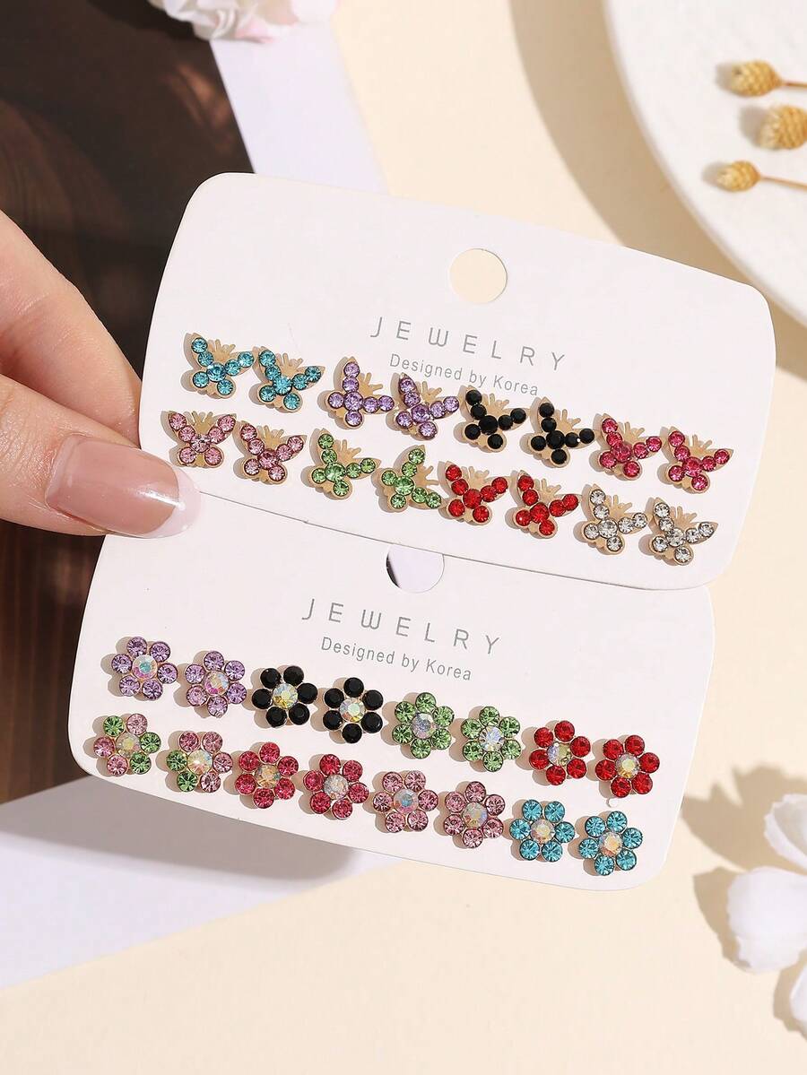 16pcs Luxury Colorful Zirconia Flower & Butterfly Stud Earrings Set, Minimalist Rhinestone Earrings For Women