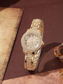 5件套优雅轻盈奢华女士石英表，女士奢华闪亮全套配饰，包括金色罗马数字全钻表盘女士石英表和女士手链套装。 - 金色 - 查看 2