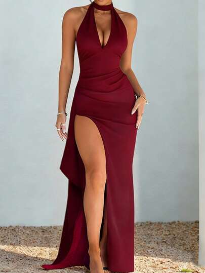 Onicee Summer Dress, Wine Red, Women's Elegant V-Neck High Slit Fitted Halter Party Dress, Suitable For Carnival, Dates, Gatherings, Parties, Travel, Vacation, Beach And Other Occasions