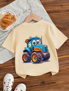 Camiseta de manga corta con cuello redondo y estampado gráfico informal para niño, top de verano - Albaricoque - Ver 5