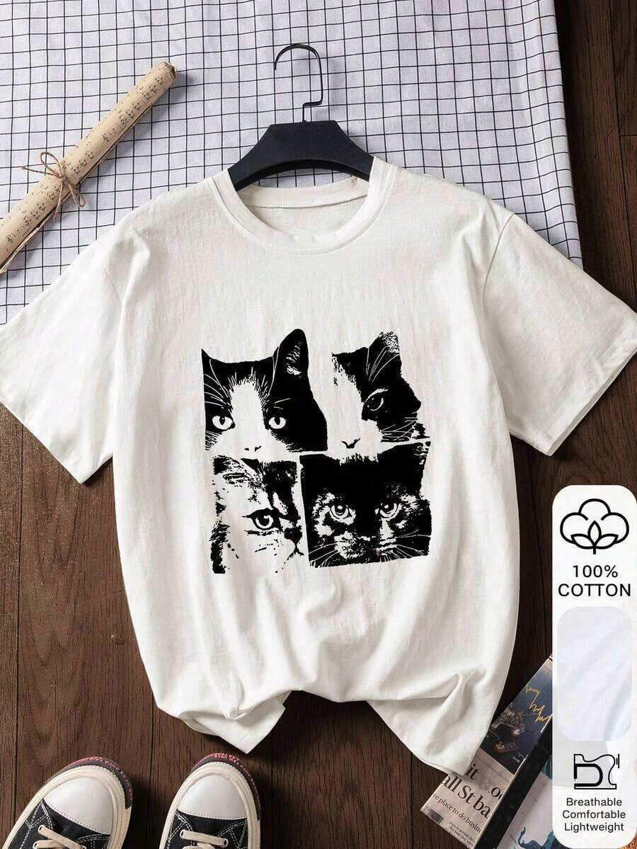 Camiseta de mujer moderna, informal, para fiestas y para estar en casa, 100% algodón, corte holgado. . De corte holgado. Blusa de Verano, Estilo Vintage, Con Estampado de Botones, Manga Corta, Camisa Gráfica, Tela Suave, Ropa de Algodón, Top para Exteriores, Estampada, Camisa de Verano, Camisa de Mujer, Blusa de Verano, Atuendo de Vacaciones, Estilo de Viaje, Ambiente de Playa, Ropa Minimalista de Resort en Blanco - Camiseta de Manga Corta de Algodón Holgada Unisex Estilo Vintage Urbano, Blusas Casuales - Blanco - Ver 1
