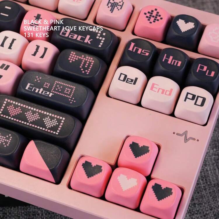 Bộ keycap hình trái tim màu đen và hồng, chất liệu PBT cao cấp, phù hợp với bàn phím cơ tùy chỉnh, 64/68/87/980/108 phím. - Xem 6