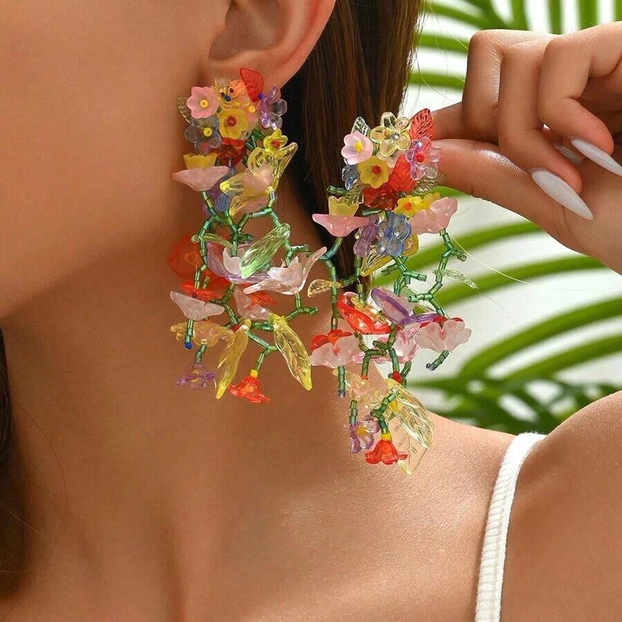 1 Pair Acrylic Colorful Leaf & Flower Shaped Earrings For Women, Perfect For Spring Outdoor - Multicolor - View 1