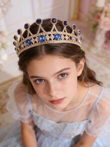 1pc European And American Bridal Bridesmaid Crown Headpiece, Alloy Rhinestone Hair Accessory For Evening Gown, Princess Style Hair Decoration - Royal Blue - View 4