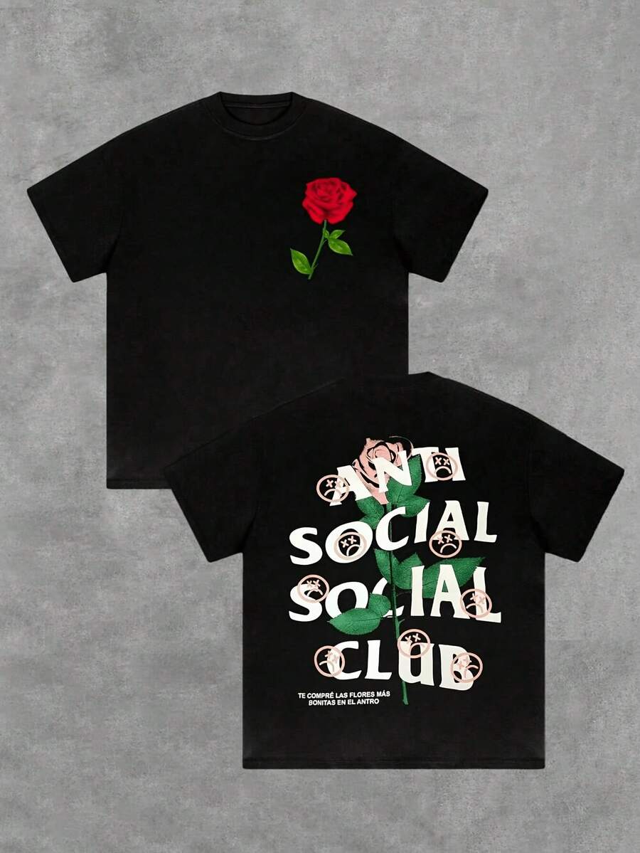 1Pcs Y2K Swag Rose Graphic Men's 220G Casual T Shirt Reetwear Yle 100% Cott Men Clothes Anti Social Club Double Sided Printed T Shirt Summer Tee Oversized Loose Fit Top Hip Hop Clothing - Black - View 1
