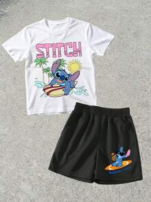 Official Authorization Disney Lilo & Stitch Summer Surf Print Kids Outfit, Toddler Girls Cute Cartoon T-Shirt & Shorts Set, Summer Casual Tracksuit For Daily Wear Theme Park Vacation, Children's Clothing Holiday Gift - trắng - Xem 3