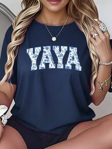 100% Pure, YAYA Pattern Printed T-Shirt Round Neck Comfortable Short Sleeved Women's T-Shirt, Breathable Casual S Top, Available In Multiple Colors, Preferred For Holiday Gifts - màu đen - Xem 1