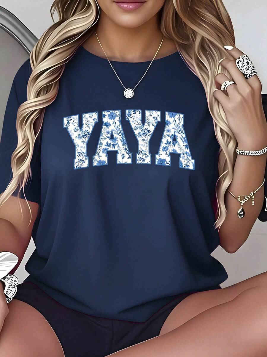 100% Pure, YAYA Pattern Printed T-Shirt Round Neck Comfortable Short Sleeved Women's T-Shirt, Breathable Casual S Top, Available In Multiple Colors, Preferred For Holiday Gifts - màu đen - Xem 1
