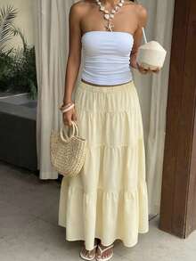 Vuslat 女士夏季休闲通勤风长款复古学院风条纹黄色半身裙，适合复活节派对、夏季假日休闲穿着、海滩、休闲度假、聚会、下午茶、节日等场合。 - 黃色 - 查看 2