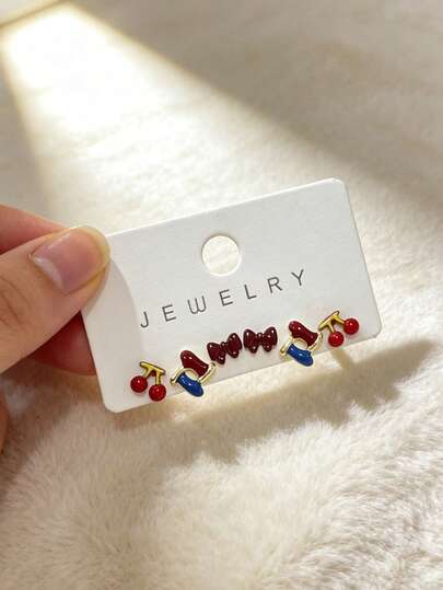 6pcs Ceramic Painted Minimalist Round Earring Set, Fresh & Elegant Student Earrings Accessories For Women