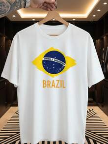 Unisex T-Shirt Supporting The Brazilian National Football Team - Order And Progress World Cup - Short Sleeve - Men's And Women's - 100% Cotton, Casual, Crew Neck - 白色 - 查看 1