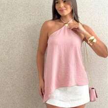Blusa feminina detalhe dourado assimétrico   Tecido    Alto na frente e baixo atrás    verão   Praia  Feriado  Casamento  Férias    casual - Rosa Bebê - Visão 1