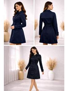 Elegant Women's Overcoat With Belt, Double Buttons, Fitted Jacket, Premium Winter Fashion - 藏蓝色 - 查看 5
