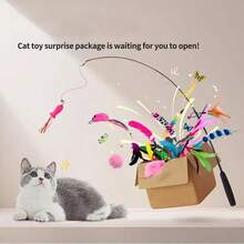 12pcs/Set Cat Toy Wand Interactive Set, Pet Cat Toys With Feather Decor, Retractable Bell Replacement Fishing Rod Suitable For All Cats, Random Color - Multicolor - View 4