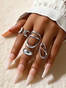 4pcs/Set Vintage Asymmetrical C-Shape Open Ring, Creative Geometric Knuckle Rings, Couples Jewelry Accessories - Silver - View 4
