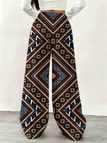 Pantalones de pierna ancha con estampado geométrico, cintura con cordón y puños elásticos, adecuados para uso casual y deportivo - Blanco - Ver 3