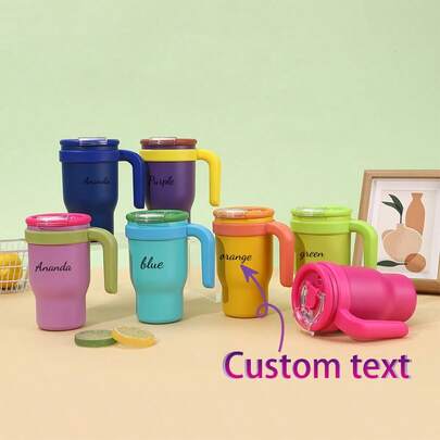 Vaso aislado de alta capacidad con logotipo de texto personalizado, vaso aislado al vacío de acero inoxidable con asa, vaso portátil para beber en exteriores y automóvil con pajita, adecuado para estudiantes y trabajadores de oficina, a prueba de fugas, mantiene frío en verano y caliente en invierno, botella de agua de alta calidad, esencial para el transporte, gran regalo