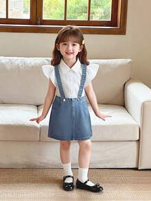 2pcs/Set Girls Denim Suspender Skirt Outfit, Summer New Casual Versatile Ruffled Collar White Shirt And Knee-Length Skirt Set - White - View 1